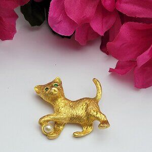 Vintage Cat Brooch Gold Tone Green Rhinestone Eyes White Faux Pearl Ball 1.5"